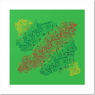 Lithuanian Vine Pattern - Yellow, Green and Red Posters and Art